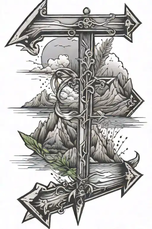 arrow with a cross and mountains and river tattoo design idea