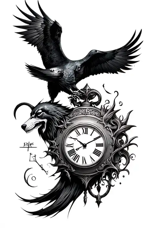 reaper, skul, 'memento mori', viking, clock, raven, wolf, wisdom tattoo design idea