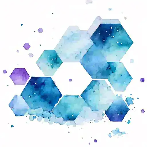 blue and purple space hexagons flying towards a stack on the pec coming from the shoulder tattoo design idea