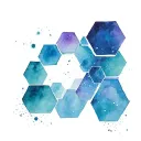 blue and purple space hexagons flying towards a stack on the pec coming from the shoulder tattoo design idea