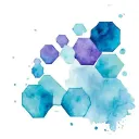 blue and purple space hexagons flying towards a stack on the pec coming from the shoulder tattoo design idea