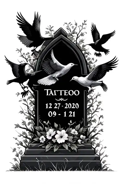headstone with dates 12-27-2020 and 09-12-21 with doves and crows around it tattoo design idea