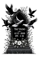 headstone with dates 12-27-2020 and 09-12-21 with doves and crows around it tattoo design idea