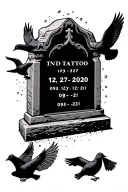 headstone with dates 12-27-2020 and 09-12-21 with doves and crows around it tattoo design idea