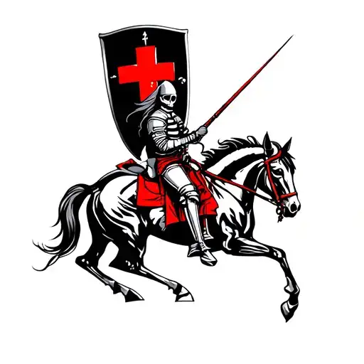 knight riding a Skelton horse with a black shield with a. Red Cross  on his back  tattoo design idea
