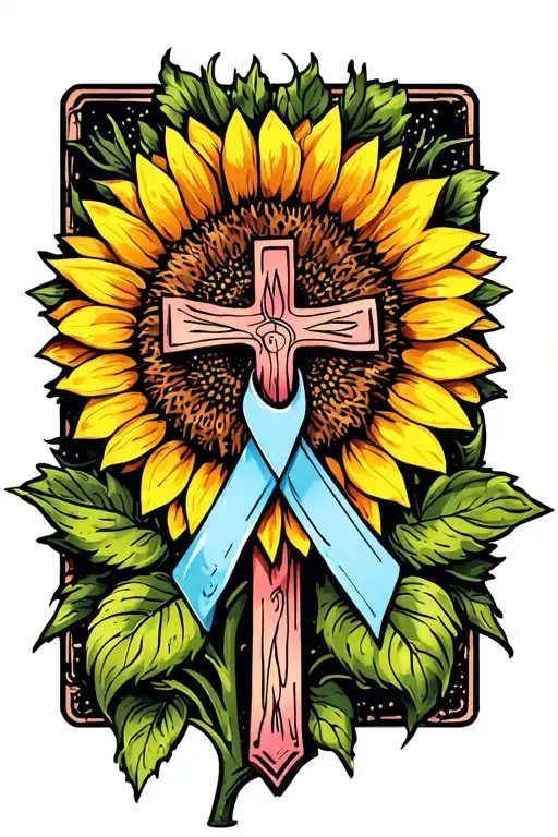sunflower and cross with 2 cancer ribbons tattoo design idea