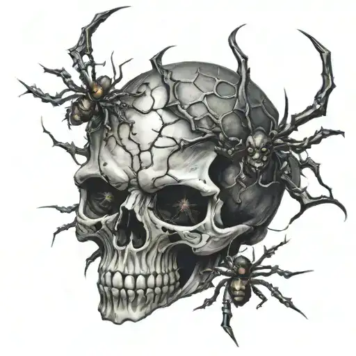 demonic skull with spiders in his eyes  tattoo design idea