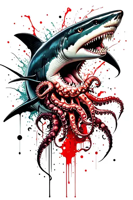 shark eating squid wrapping its tentacles tattoo design idea