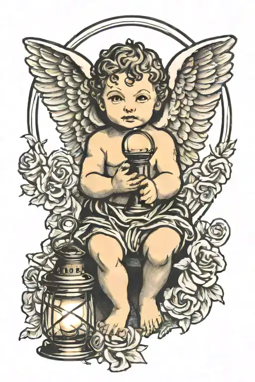 cherub holding lantern shining light tattoo design idea