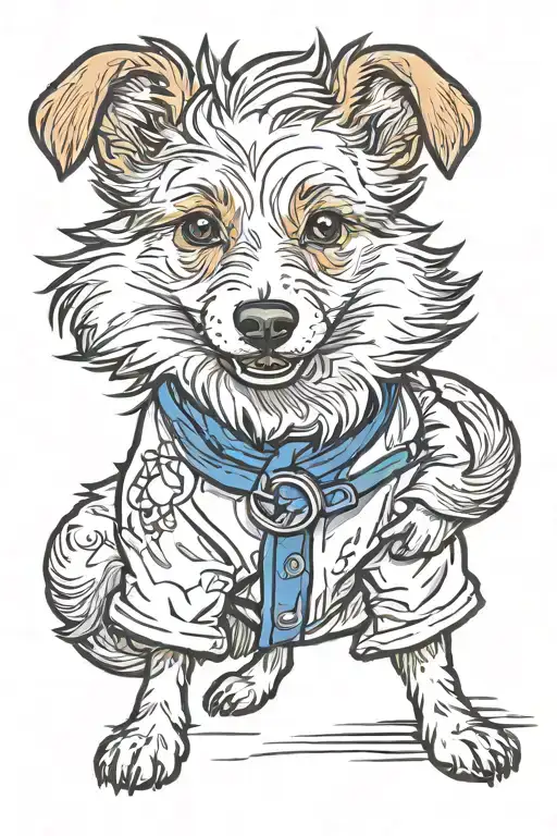 short haired Portuguese Podengo Pequeno with cream and white fur wearing a Brazilian Jiu-Jitsu gi. tattoo design idea