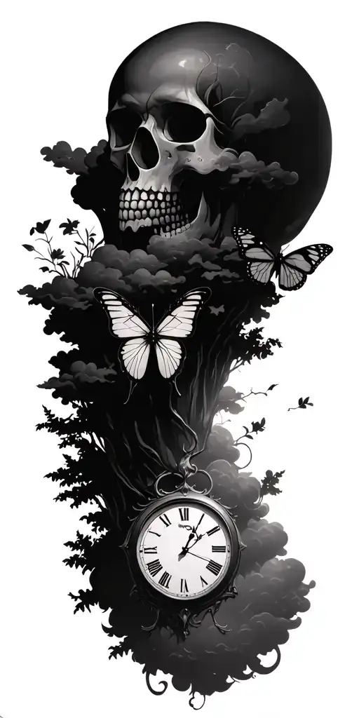 cloud background. tree. clock. butterfly out of skull.  tattoo design idea