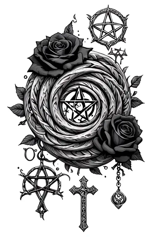 gothic spiral for my arm, with pagan symbols like pentagram, black roses, rosaries, crucifixes, and others witchery stuf tattoo design idea