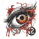 Realistic human eye crying blood and melting tattoo design idea