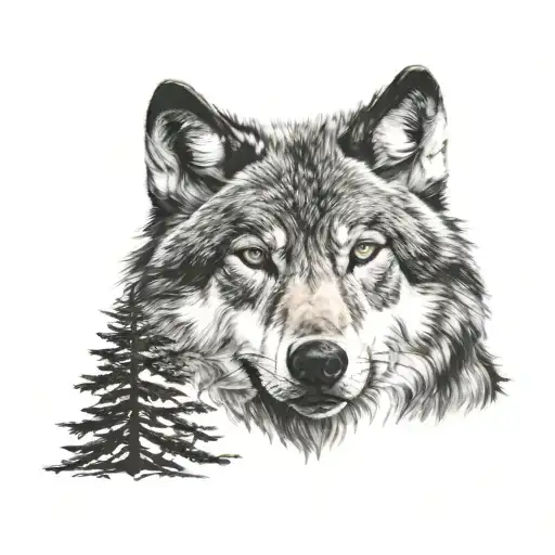 calm Wolf face in front of dark tree tattoo design idea