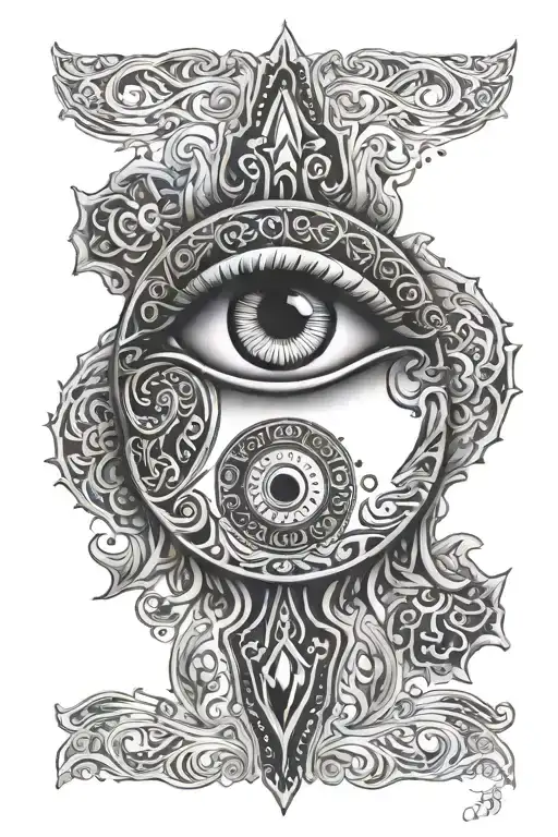 evil eye om moon hasma hand in a line tattoo design idea