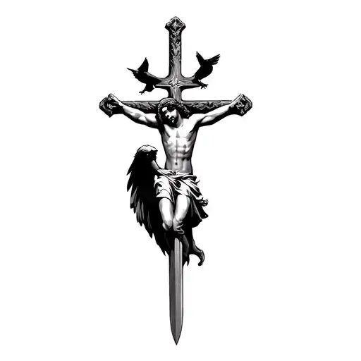 jesus on sword cross with black wings and flying crows  tattoo design idea