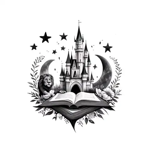 moon stars, disney castle, lion, flowers, books floating tattoo design idea