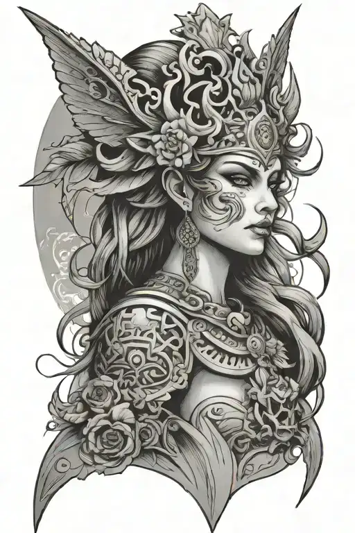 nemesis goddess of revenge face   tattoo design idea