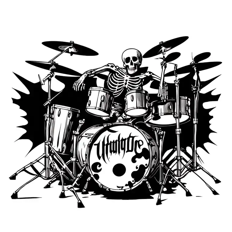 skeleton playing drumset with lots of high energy playing thrash metal music tattoo design idea