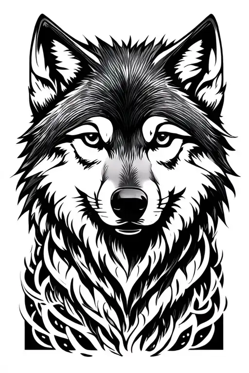 “A minimalist black-and-white tattoo design featuring a wolf’s face as the central focus. The design should include clea tattoo design idea