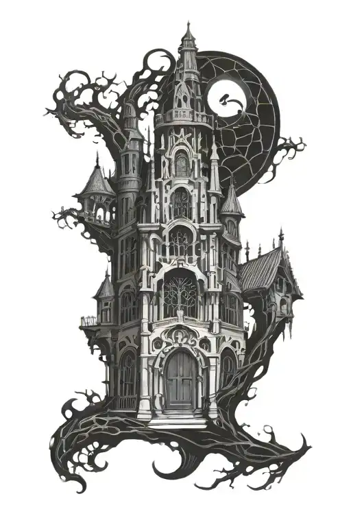 eldritch horror and gothic architecture patterns tattoo design idea
