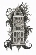 eldritch horror and gothic architecture patterns tattoo design idea
