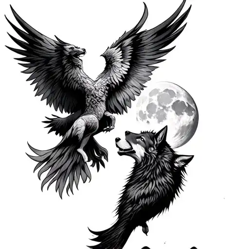 fine line tiny phoenix and wolf howling at the moon tattoo design idea