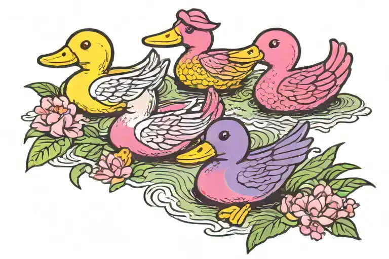 2 rubber ducks, 1 purple 1 pink,  pink one slightly smaller, dragonfly perched pink duck bill tattoo design idea