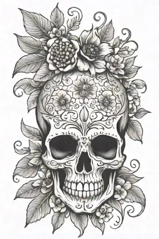 pomegranate skull and floral tattoo design idea
