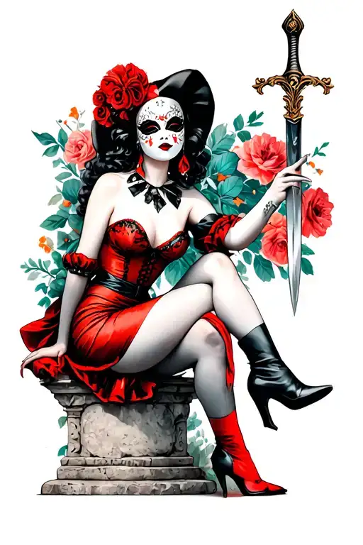 Harlequin pretty woman with Venetian mask, sitting on a stone with one leg collected and a dagger in one hand tattoo design idea