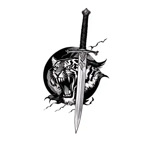 Blackwork Tigre angry roaring, straight sword, Black growing moon background, 20cm vertical forearm tattoo design idea