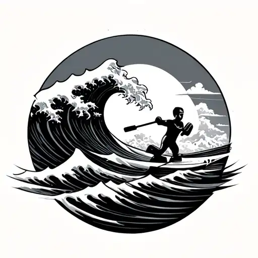japan, weight lifting paddleboard surfing wave tattoo design idea