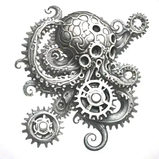 A realistic octopus with gears and pistons as tentacles tattoo design idea