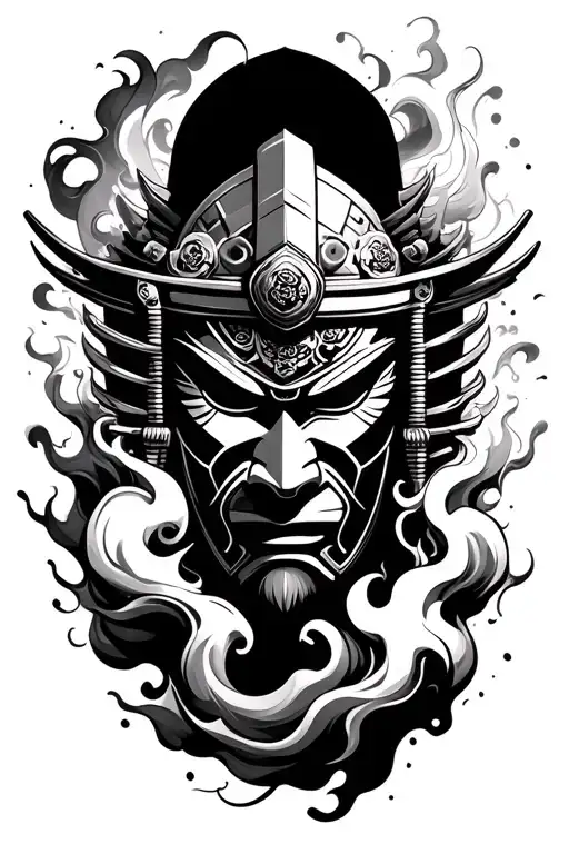 Japanese-style forearm tattoo artwork of a samurai mask (menpo) being dramatically revealed through swirling smoke. The  tattoo design idea