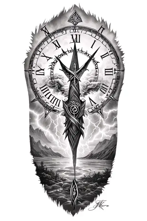 viking symbols and lightining storm and time and nature tattoo design idea