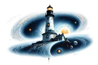 planet, lighthouse, black hole, clock tattoo design idea