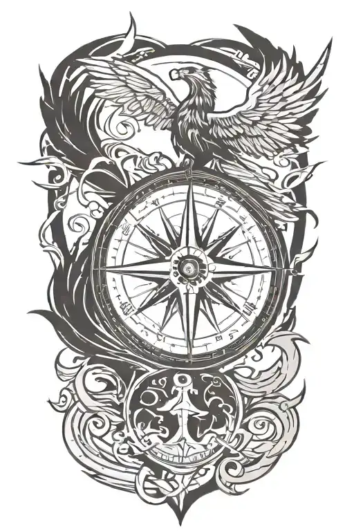 compass representing the course for life over time. Overlapping is a Phoenix rising up from the ashes tattoo design idea