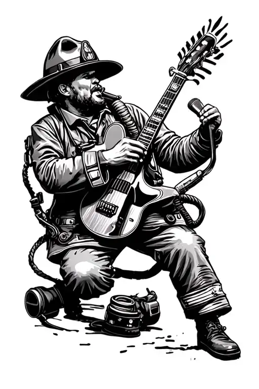 Fireman in hat and equipment symbol of April and singer singing tattoo design idea