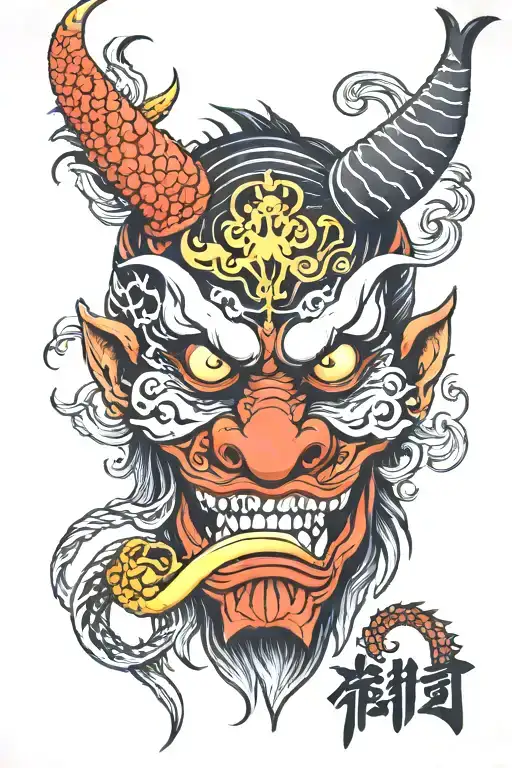 Mask oni with dragon tattoo design idea