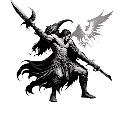 warrior battling 7 deadly sins tattoo design idea