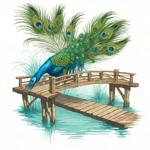 wooden bridge over water  with peacock feather tattoo design idea