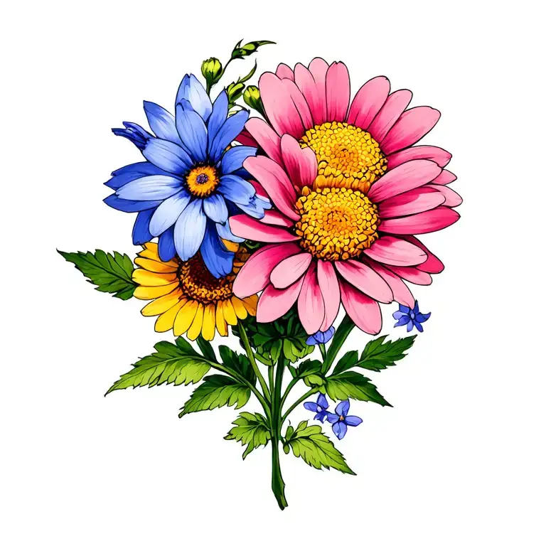 chrysanthemum larkspur daisy flowers tattoo design idea