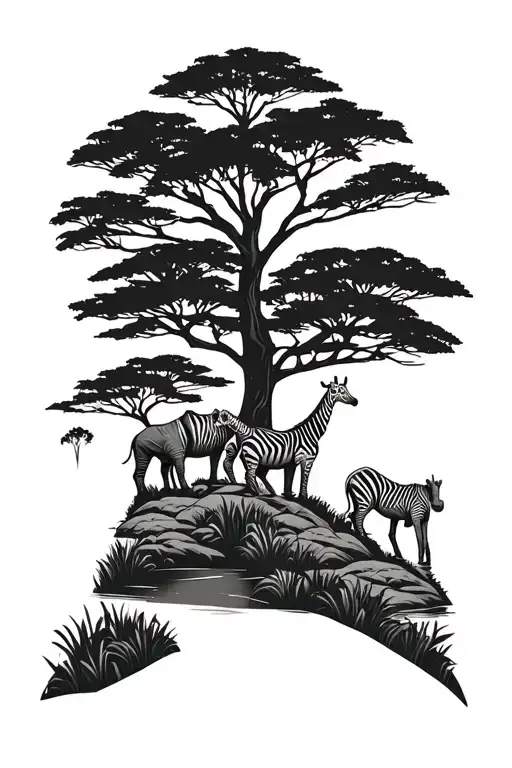 African savannah with rhinoceros zebra giraffe tree pond tattoo design idea
