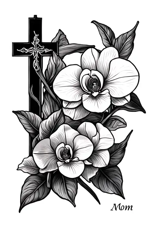 memorial tattoo for mom with cross and orchid tattoo design idea
