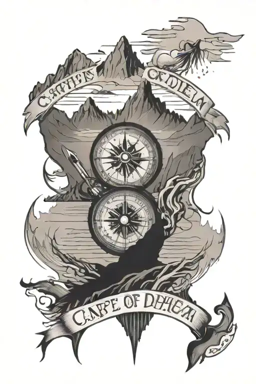 mountains, sea, compass, travel, inscription Carpe diem shadow of man tattoo design idea
