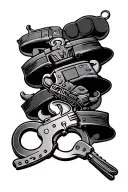 handcuffs, street racing, and rapping themed chest peice for 4 men who have passed tattoo design idea
