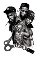 handcuffs, street racing, and rapping themed chest peice for 4 men who have passed tattoo design idea