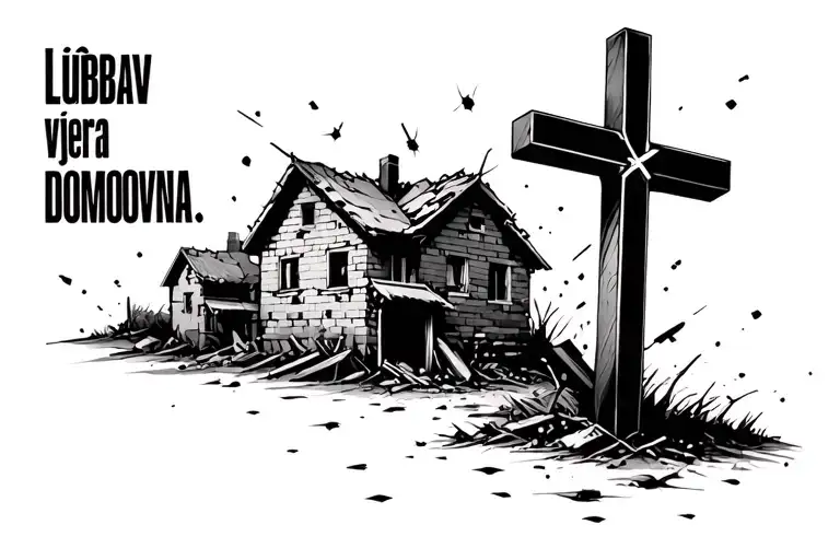 standing cross with half demolished brick houses behind with bullet holes.on cross is quote : ljubav, vjera i domovina tattoo design idea