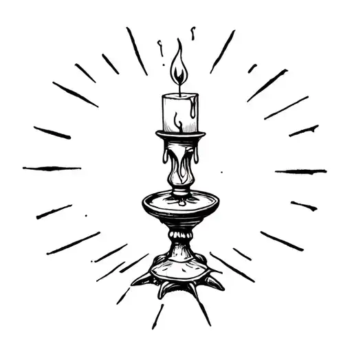 small candle on small gothic stand with flame, wax melting from top and a few small rays around the flame  tattoo design idea