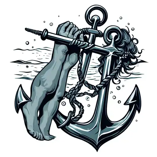 anchor pulling someone by their feet underwater tattoo design idea